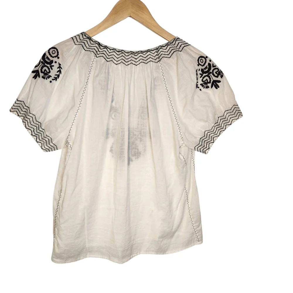 J. Crew Top Airy White Cotton Embroidered Short Puff Sleeve Gauze Boho Blouse 10